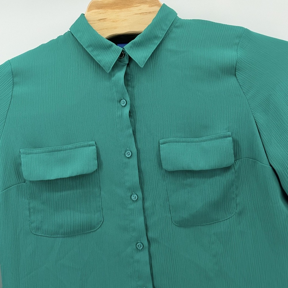 Button Front Blouse Large Green Lightweight Chest Pockets Top Office Roll Tab LS